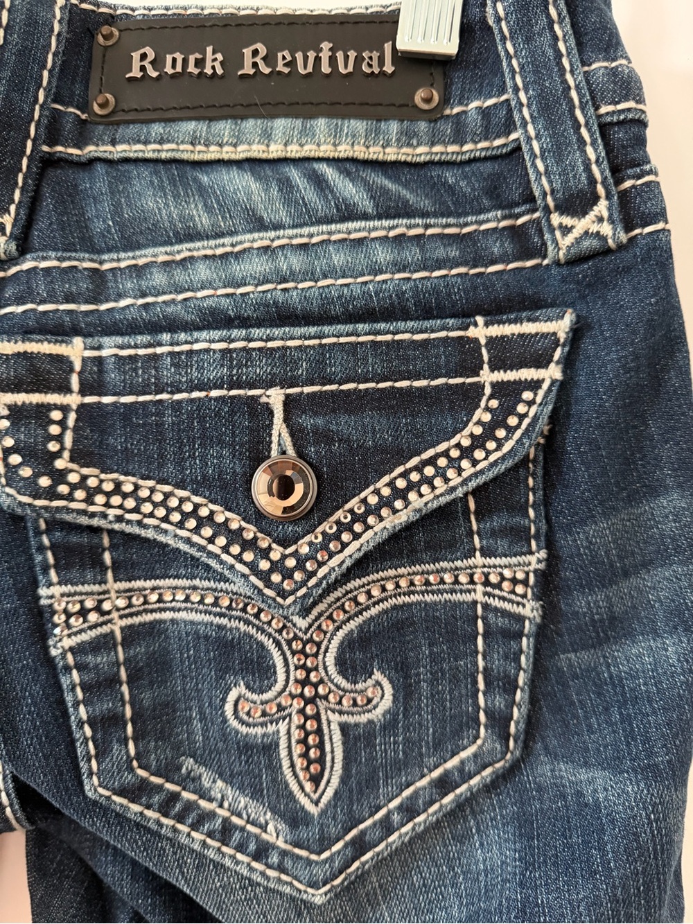 Rock Revival Dark Blue Denim Jeans with Rhinestone Embellished Flap Pocket